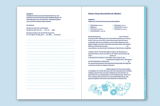 Texte und Aufgaben: Tom Wirkus, Simone Schwark, Layout und Satz: Lena Haubner, Illustrationen: Hannes Naumann Doppelseite des Arbeitsheftes