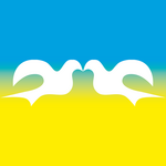The graphic shows two white doves on a blue and yellow background.   
