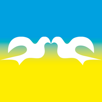 The graphic shows two white doves on a blue and yellow background.