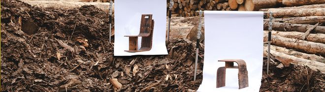 Illustration of a student's work: Chairs made from a new type of pressed bark material in front of a large pile of bark
