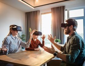 Source: AI-generated picture AI-generated picture, that shows a man, a woman and a child wearing VR glasses while sitting at a table.