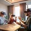 AI-generated picture, that shows a man, a woman and a child wearing VR glasses while sitting at a table. 