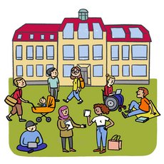 The illustration the main building of the Bauhaus-Universität Weimar. On the lawn in front of the building, there's a diverse crowd of students and employees.