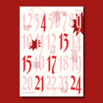 Plakat zum Adventskalender: Zahlen von 1 bis 24 in verschiedenen Rot- und Pinktönen auf weißem Hintergrund plus die Namen der Teilnehmenden.