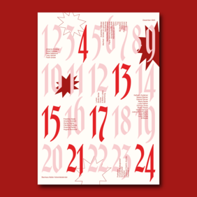 Plakat zum Adventskalender: Zahlen von 1 bis 24 in verschiedenen Rot- und Pinktönen auf weißem Hintergrund plus die Namen der Teilnehmenden.