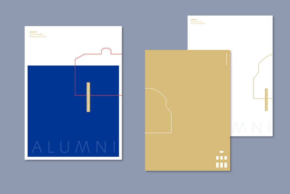 Übersicht verschiedener Anwendungen des neugestalteten Alumni-Erscheinungsbildes der Bauhaus-Universität Weimar mit reduzierten Farbflächen und grafischen Linienmotiven.