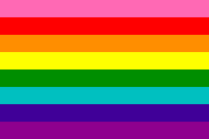 The original eight-striped rainbow flag has horizontal stripes in the following colors (from top to bottom): Pink, red, orange, yellow, green, turquoise, blue, violet.