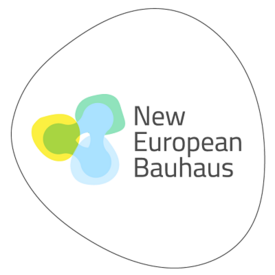 Logo of the NEB initiative: blue, green and yellow circles linked by bridges