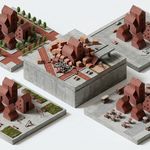 Five isometric concrete-and-terracotta model tiles. Four tiles around the edges show the same terracotta buildings adapted to different stakeholder priorities: a tree-lined cycle street, a car park and road, a green playground, and a market square. The raised central tile shows all four versions collided into a heap of rubble.