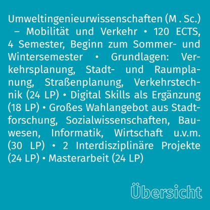 Grafik zur Überschrift 'Übersicht Studiengang' mit folgendem Text: Abschluss Master of Science Umweltingenieurwissenschaften – Mobilität und Verkehr | 120 ECTS – 4 Semester, Beginn zum Sommer- und Wintersemester | Grundlagen: Verkehrsplanung, Stadt- und Raumplanung, Straßenplanung, Verkehrstechnik (24 LP) | Digital Skills als Ergänzung (18 LP) | Großes Wahlangebot aus Stadtforschung, Sozialwissenschaften, Informatik, Bauwesen, Wirtschaft u.v.m. (30 LP) | 2 Interdisziplinäre Projekte (12 LP) | Masterarbeit (24 LP)