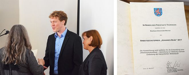 Diplom-Designer Ronny Staps und Dr. Kristina Margarete Schönherr, Dezernentin für Forschung, nehmen den Arbeitsschutzpreis in Erfurt entgegen. Diplom-Designer Ronny Staps und Dr. Kristina Margarete Schönherr, Dezernentin für Forschung, nehmen den Arbeitsschutzpreis in Erfurt entgegen.