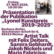 Plakat zur Veranstaltung »Präsentation der Publikation Lyonel Kunstpreis 2019–2025« mit Termin, Ort und beteiligten Künstler*innen sowie kleinem Foto einer Ausstellungssituation