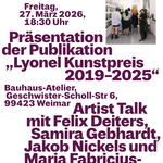 Poster for the event “Presentation of the publication Lyonel Art Prize 2019–2025” with date, location, participating artists, and a small photo of an exhibition setting