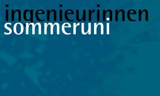 The type logo shows the words »Ingenieurinnen-Sommeruni« in black letters on a background of various shades of blue, which resemble water.