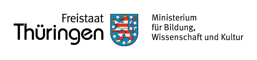 Logo des Freistaats Thüringen und des Thüringer Ministeriums für Bildung, Wissenschaft und Kultur mit Landeswappen und schwarzem Schriftzug auf hellem Hintergrund.