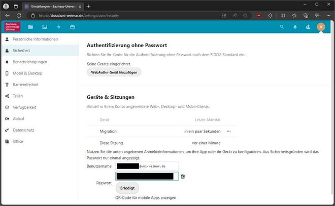 Abbildung: Geräte und Sitzungen mit generierten Anmeldeinformationen