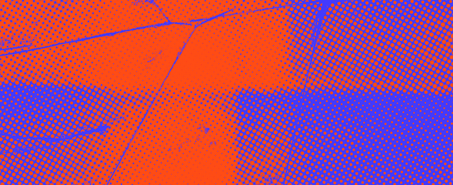Abstraktes grafisches Bild in kräftigem Orange und Blau, geprägt von einem feinen Punktraster, diagonalen Linien und rauen, überlagerten Flächen. Design: Cissy Hecht