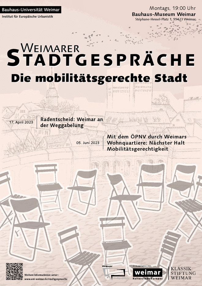 Plakat über die Stadtgespräche zum Thema "Die mobilitätsgerechte Stadt" im SoSe 2023.