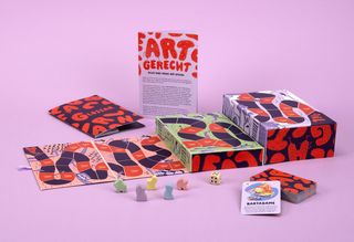 Product view of »ARTGERECHT« by Anna Buhler: a game board, playing cards, game pieces, a die, game boxes and an information sheet are arranged on a pink background.