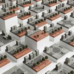 Isometric model of a city grid in terracotta and grey concrete, seen from above, with individual street blocks rendered in contrasting materials to represent the gap between each street's current condition and its potential.