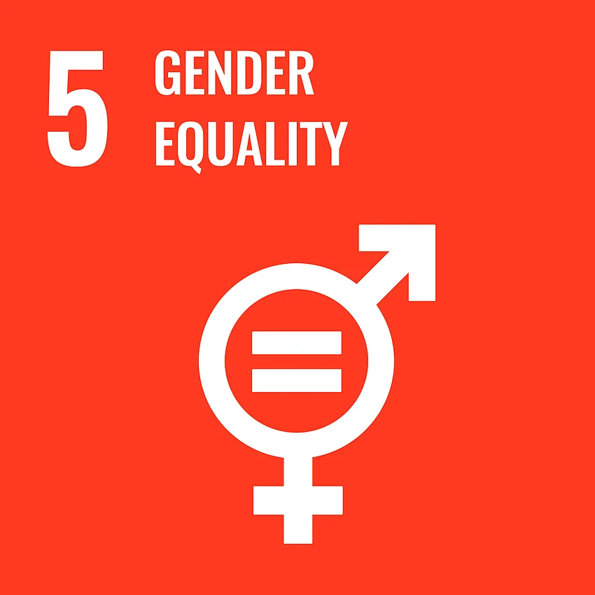 Grafik SDG Ziel 5 - "Gender Equality" (Geschlechtergleichheit), rot unterlegt mit Piktogramm der zusammengefügten Genderzeichen für Frau und Mann mit einem Gleichheitszeichen in der Mitte.