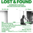 Poster for the event “Lost & Found – Community Radios as Participatory Media.” It features the title, date (12 February 2026), time (6–10 pm), venue (taz Kantine, Berlin), and information on the talk, speakers, moderation, and music. The design combines green typography with a black-and-white photograph of a person in a radio studio.