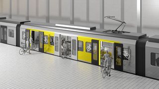 Abbildung des Abteils von außen mit eingezeichneten Menschen mit Fahrrädern