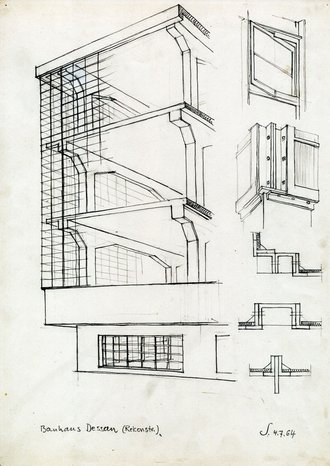Rekonstruktion Bauhausgebäude Dessau, Zeichnung von Christian Schädlich, 4. Juli 1964