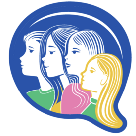 Four young people drawn in blue, yellow, green and pink in a speech bubble