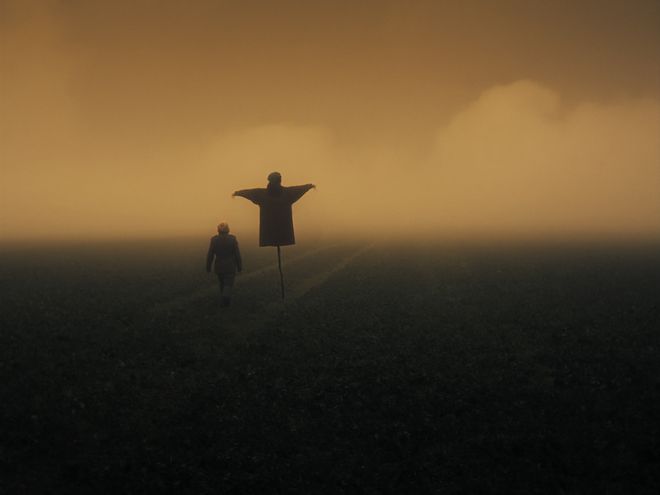 Vogelscheuche steht auf einem nebligen Feld, im Vordergrund eine Person unscharf.