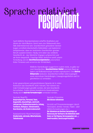 Der Titel der Rückseite greift die Formulierung der Vorderseite - »Sprache relativiert« - auf. Das Wort »relativiert« wird vom Wort »respektiert« überlagert. Es folgt ein längerer Text zu Sprache und Repräsentation. 