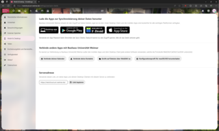 Screenshot der Bauhaus Cloud bei Menüpunkt Mobil & Desktop. Zu sehen sind mehrere Buttons zum App-Download für Desktop und Mobile.