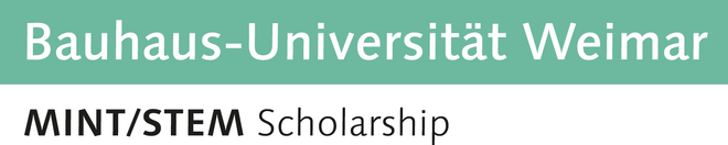 The type-logo consists of two lines of text. The upper line reads: »Bauhaus-Universität Weimar« (in white letters on a mint-colored background); the lower line reads: »MINT/STEM Scholarships« (in black letters on a white background).