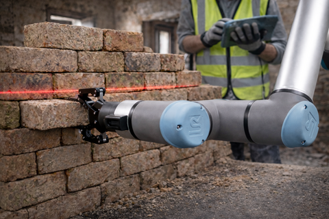 Smart Bauen und Sanieren: Ein Roboterarm setzt einen Ziegelstein auf eine Ziegelmauer und wird dabei von einer roten Laserlinie ausgerichtet. Im Hintergrund hält eine Person mit Warnweste und Handschuhen ein Tablet in einem teilweise errichteten oder sanierten Gebäude.