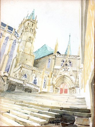 Zeichnung von Dom und Severikirche Erfurt
