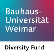 The type logo shows the words »Bauhaus Universität Weimar« in white letters on a blue-violet-red background the background colors are merging with one another). Below, in black on white is the word »Diversity Fund«.