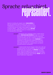 Der Titel der Rückseite greift die Formulierung der Vorderseite - »Sprache retuschiert« - auf. Das Wort »retuschiert« wird vom Wort »repräsentiert« überlagert. Es folgt ein längerer Text zu Sprache und Repräsentation. 