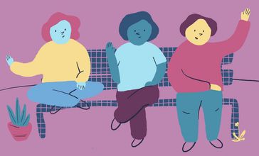 Three people sitting on a bench, waying to get attention. 