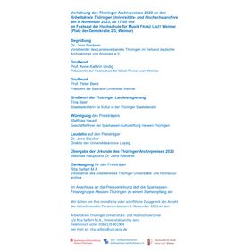 Programm zur Verleihung des Thüringer Archivpreis 2023 Programm zur Verleihung des Thüringer Archivpreis 2023