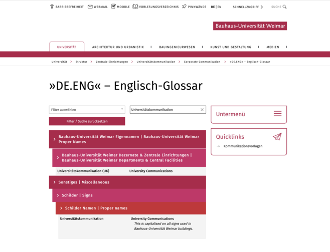 Screenshot der Webansicht des durchsuchbaren Deutsch-Englisch-Glossar