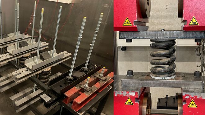 Federkraftbetriebene Kriechversuchsstände im Klimaraum (links) und Ermittlung der Federkennlinien zur anschließenden Kraftmessung (rechts). Federkraftbetriebene Kriechversuchsstände im Klimaraum (links) und Ermittlung der Federkennlinien zur anschließenden Kraftmessung (rechts).