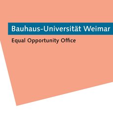 The type logo shows the words »Bauhaus-Universität Weimar« in white letters on a blue background. Below, it reads »Equal Opportunity Office« in black letters on a salmon-colored background..