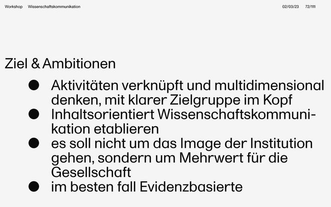Auszug aus Folien der Präsentation Wissenschaftskommunikation & Erscheinungsbild [Workshop] von Enno Pötschke.