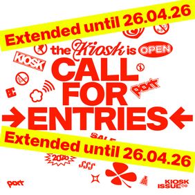 Graphic with the text “The Kiosk is open – Call for Entries” for an open call by Port magazine, surrounded by playful symbols and graphic elements