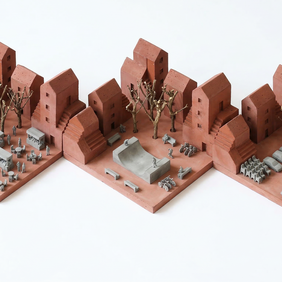 Three identical terracotta model courtyards side by side, each fitted out differently in grey concrete: cafe tables and market stalls with people, a skate bowl with benches and bicycles, and rows of parked cars with a delivery truck.
