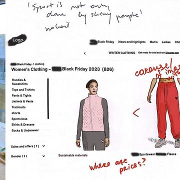 Participants make notes on screenshots from online platforms and highlight key areas of concern, such as a lack of pricing, limited images, and a small range of body types and skin tones. Image: Eva Hornecker
