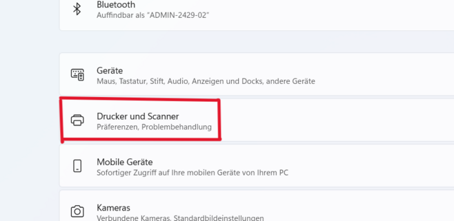 Wählen Sie unter "Bluetooth und Geräte", "Drucker und Scanner" aus.