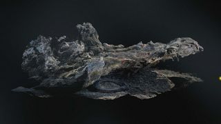 In »38.5346°N, 23.4932°E«, Tim Auzinger, Atso Airola and Jan Munske explore a fallen olive tree as an archive of time, weather and other living beings. Image: Tim Auzinger Digital three-dimensional representation of a fallen, heavily weathered tree trunk against a black background. Several small red markers indicate individual points on the wood.