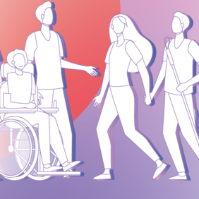 The graphic shows a woman in a wheelchair on the left and a man standing behind her on the right. Both look to the right and greet a woman coming towards them and a man with a cane for the blind.