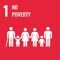 Grafik SDG Ziel 1 - "No poverty" (keine Armut), rot unterlegt mit Piktogramm von sechs diversen Menschen, die in einer Reihe stehen.